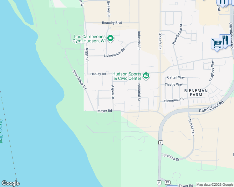 map of restaurants, bars, coffee shops, grocery stores, and more near 1810 Aspen Drive in Hudson