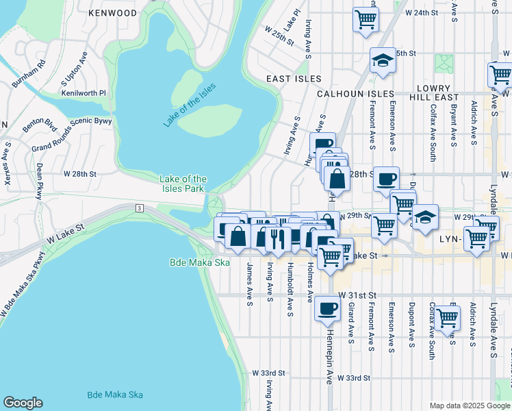 map of restaurants, bars, coffee shops, grocery stores, and more near 2867 James Avenue South in Minneapolis