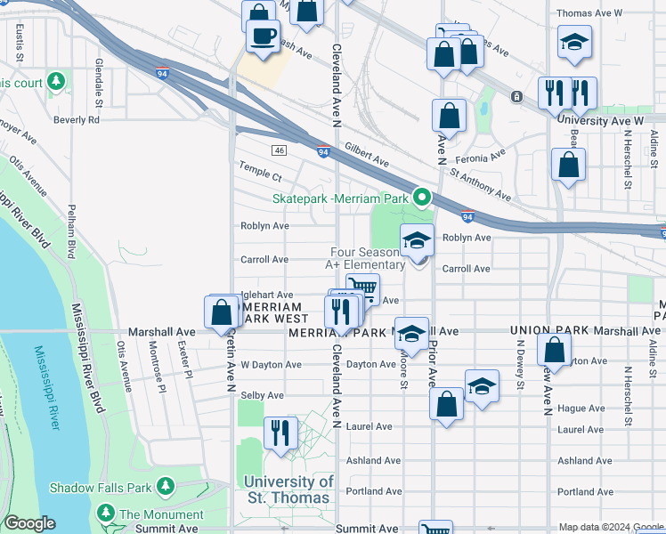 map of restaurants, bars, coffee shops, grocery stores, and more near 2064 Carroll Avenue in Saint Paul