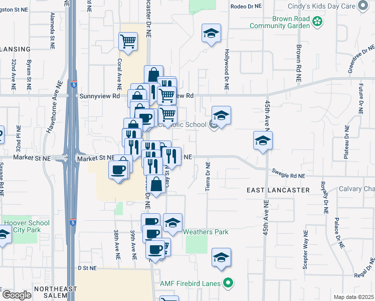 map of restaurants, bars, coffee shops, grocery stores, and more near 4083 Market Street Northeast in Salem