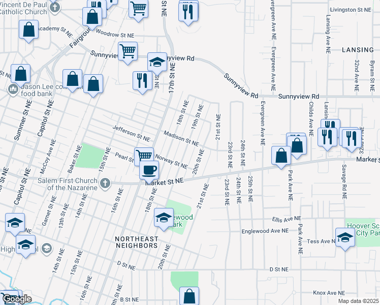 map of restaurants, bars, coffee shops, grocery stores, and more near 1715 20th Street Northeast in Salem