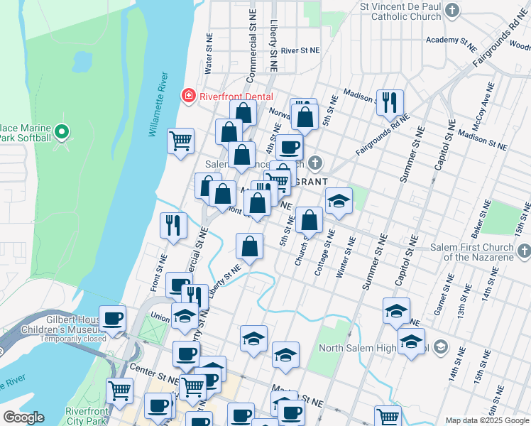 map of restaurants, bars, coffee shops, grocery stores, and more near 1127 Broadway Street Northeast in Salem