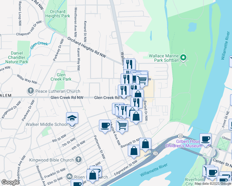map of restaurants, bars, coffee shops, grocery stores, and more near 673 Glen Creek Road Northwest in Salem