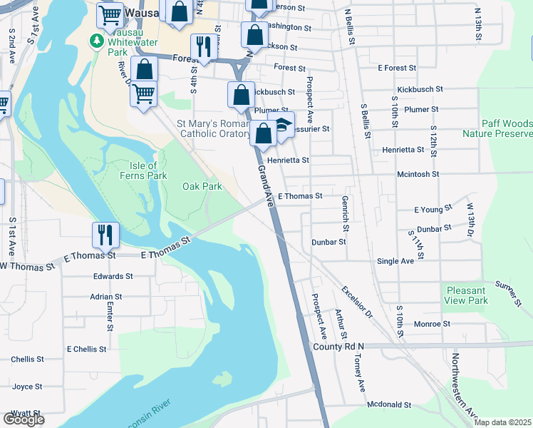 map of restaurants, bars, coffee shops, grocery stores, and more near 804 Grand Avenue in Wausau