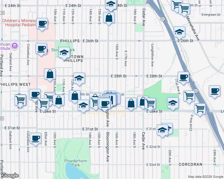 map of restaurants, bars, coffee shops, grocery stores, and more near 2835 Bloomington Avenue in Minneapolis