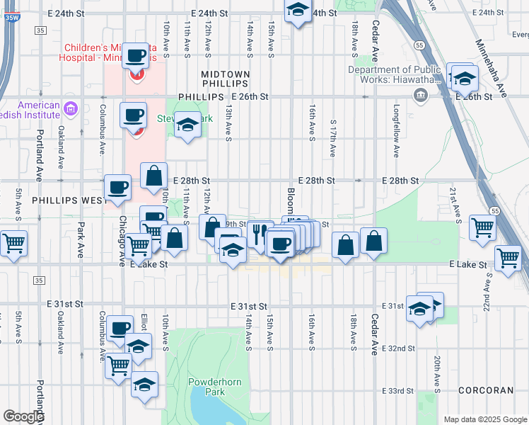 map of restaurants, bars, coffee shops, grocery stores, and more near 2833 Bloomington Avenue in Minneapolis
