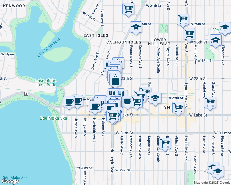 map of restaurants, bars, coffee shops, grocery stores, and more near 2850 Hennepin Avenue in Minneapolis