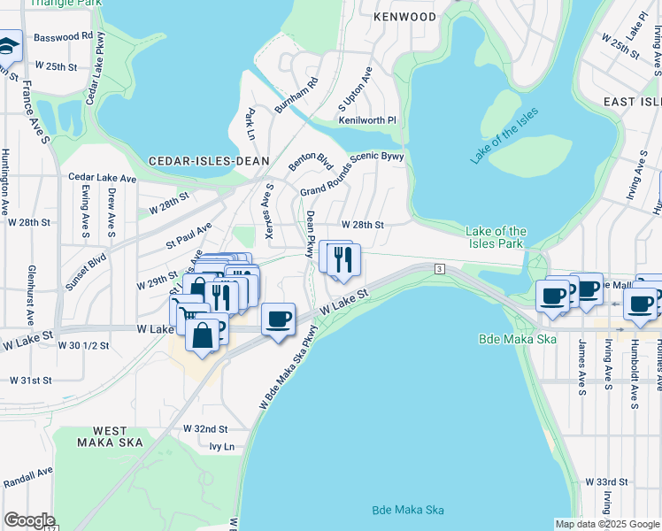 map of restaurants, bars, coffee shops, grocery stores, and more near 2915 Dean Parkway in Minneapolis
