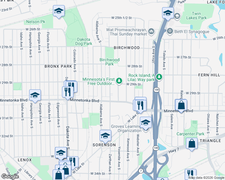 map of restaurants, bars, coffee shops, grocery stores, and more near 2925 Zarthan Avenue South in Minneapolis