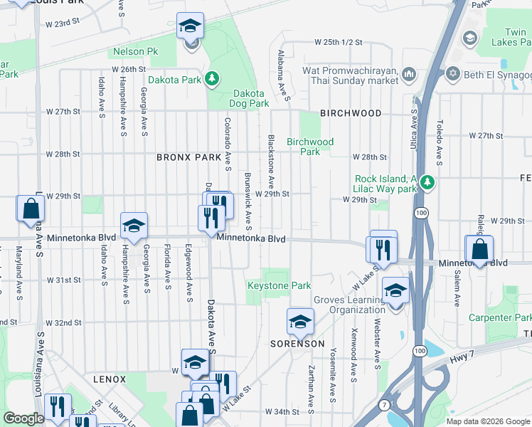 map of restaurants, bars, coffee shops, grocery stores, and more near 2928 Blackstone Avenue in Minneapolis