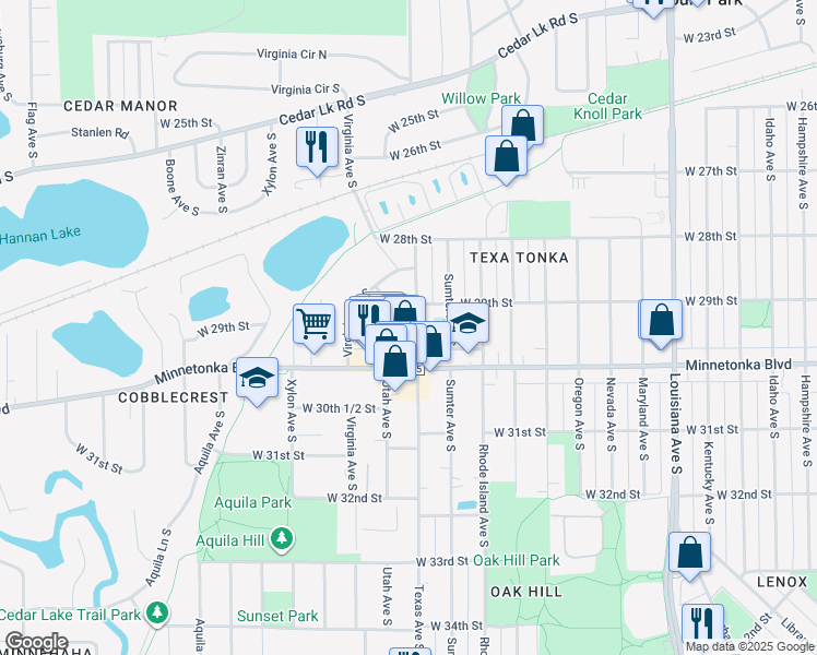 map of restaurants, bars, coffee shops, grocery stores, and more near 2926 Texas Avenue South in St. Louis Park
