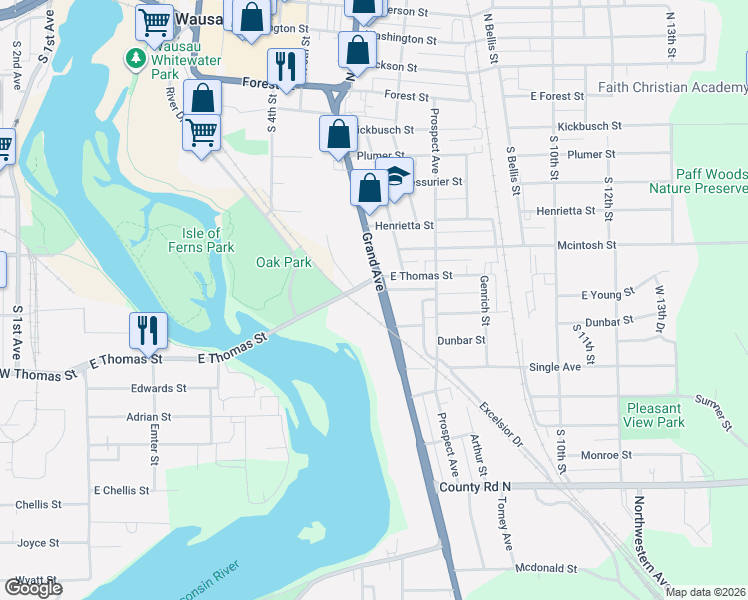 map of restaurants, bars, coffee shops, grocery stores, and more near 700 Grand Avenue in Wausau