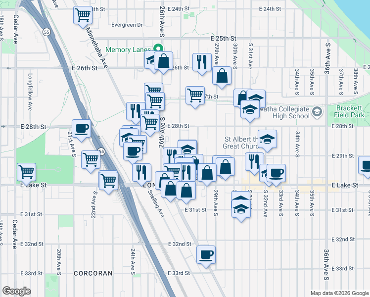 map of restaurants, bars, coffee shops, grocery stores, and more near 2712 East 29th Street in Minneapolis