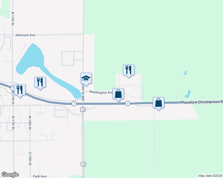 map of restaurants, bars, coffee shops, grocery stores, and more near 2709 East Highway 7 in Montevideo