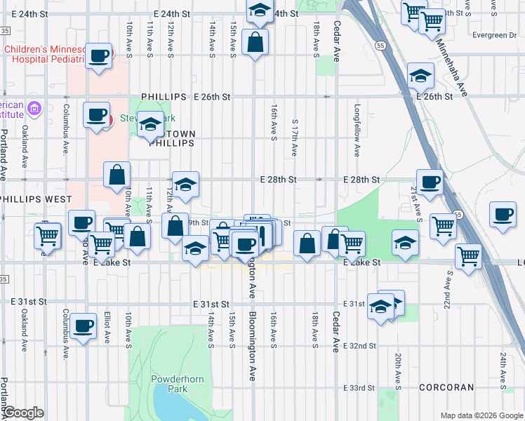 map of restaurants, bars, coffee shops, grocery stores, and more near 2835 Bloomington Avenue in Minneapolis