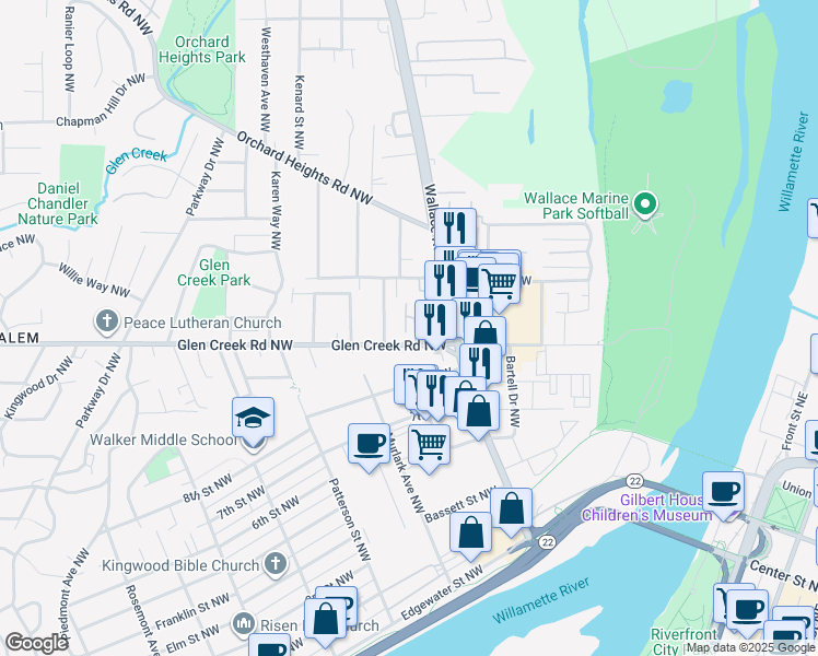map of restaurants, bars, coffee shops, grocery stores, and more near 673 Glen Creek Road Northwest in Salem