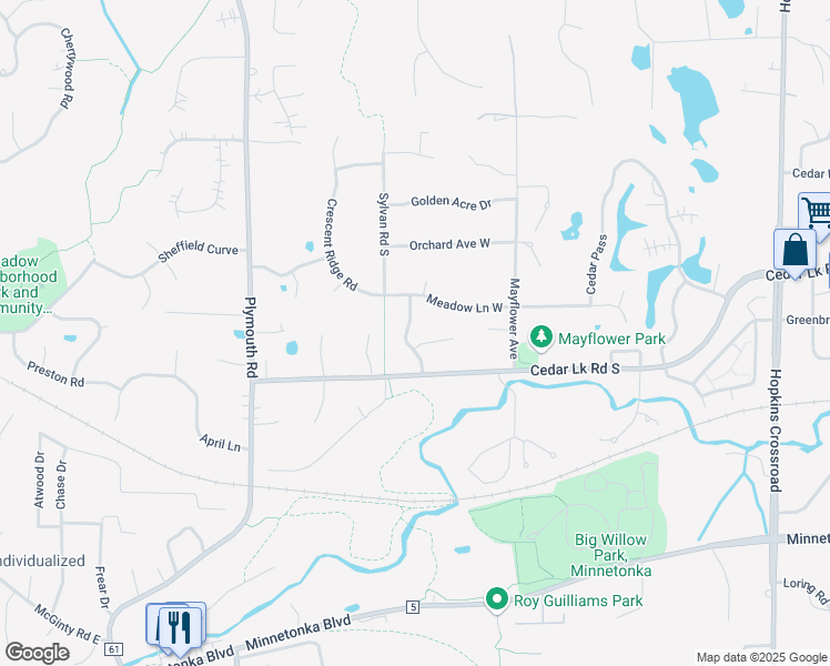 map of restaurants, bars, coffee shops, grocery stores, and more near 2817 Westridge Road in Minnetonka