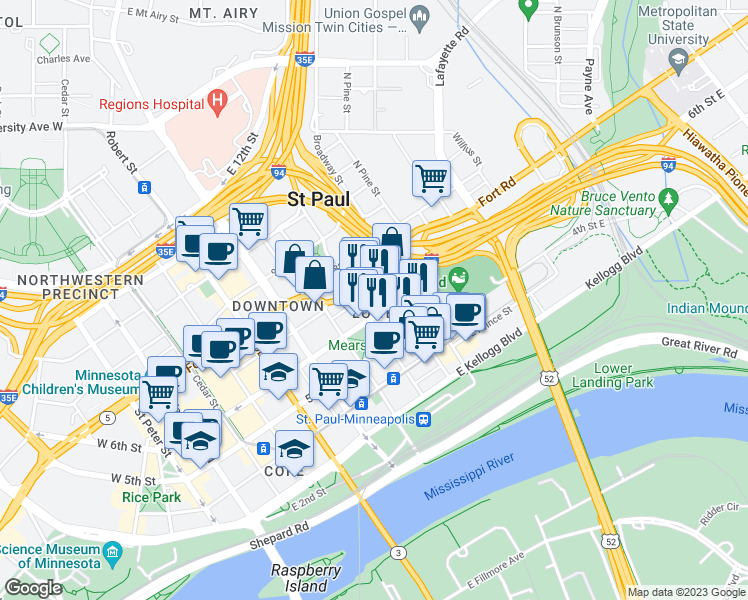 map of restaurants, bars, coffee shops, grocery stores, and more near in Saint Paul