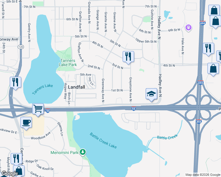 map of restaurants, bars, coffee shops, grocery stores, and more near 110 Grenadier Avenue North in Oakdale