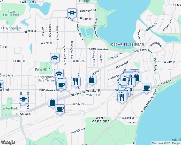 map of restaurants, bars, coffee shops, grocery stores, and more near 2840 Sunset Boulevard in Minneapolis