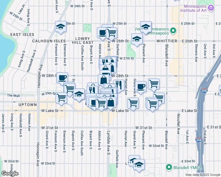 map of restaurants, bars, coffee shops, grocery stores, and more near 2833 Lyndale Avenue South in Minneapolis
