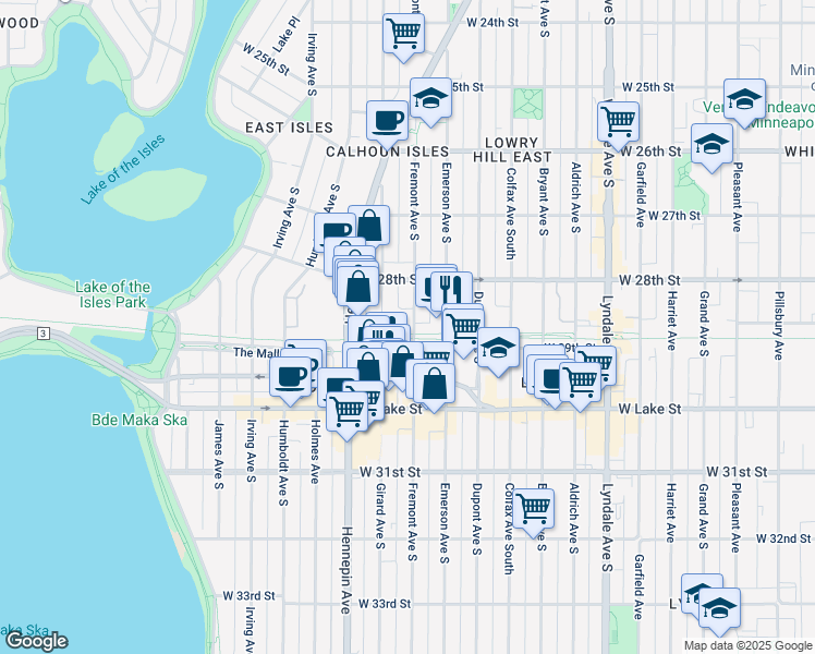 map of restaurants, bars, coffee shops, grocery stores, and more near 2838 Fremont Avenue South in Minneapolis