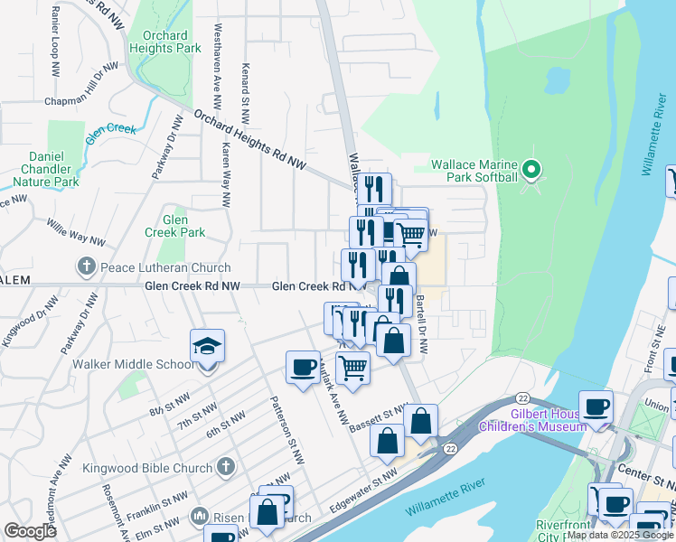 map of restaurants, bars, coffee shops, grocery stores, and more near 673 Glen Creek Road Northwest in Salem