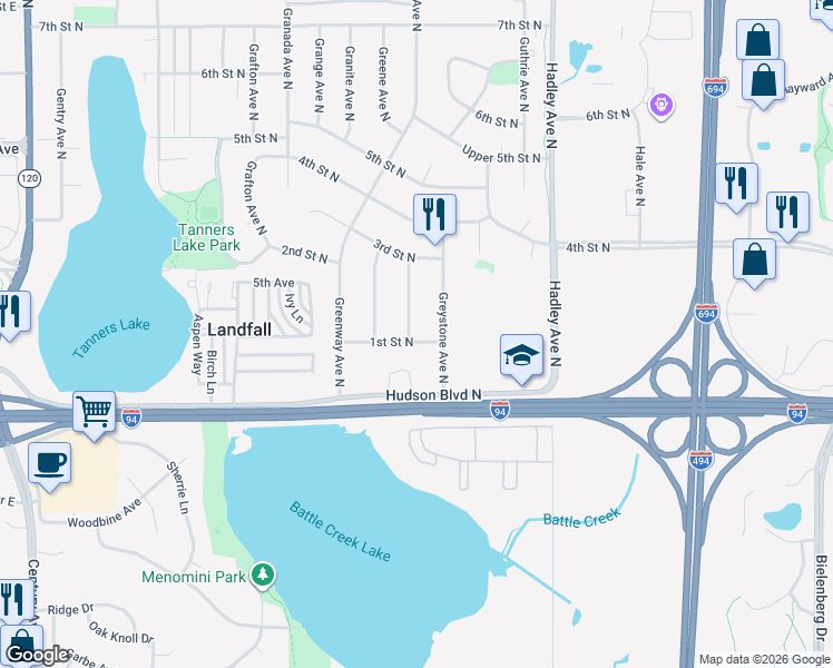 map of restaurants, bars, coffee shops, grocery stores, and more near 107 Gresham Avenue North in Oakdale