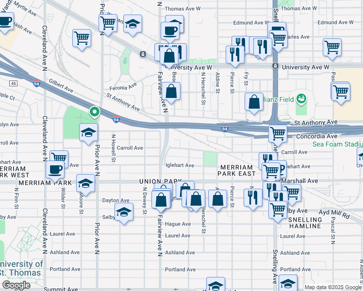map of restaurants, bars, coffee shops, grocery stores, and more near 1779 Carroll Avenue in Saint Paul