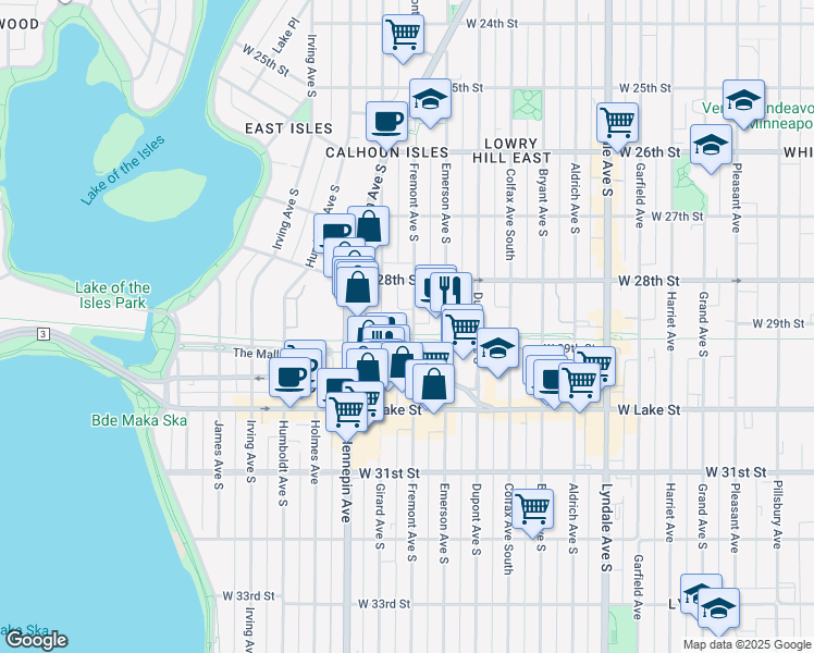 map of restaurants, bars, coffee shops, grocery stores, and more near 2835 Fremont Avenue South in Minneapolis
