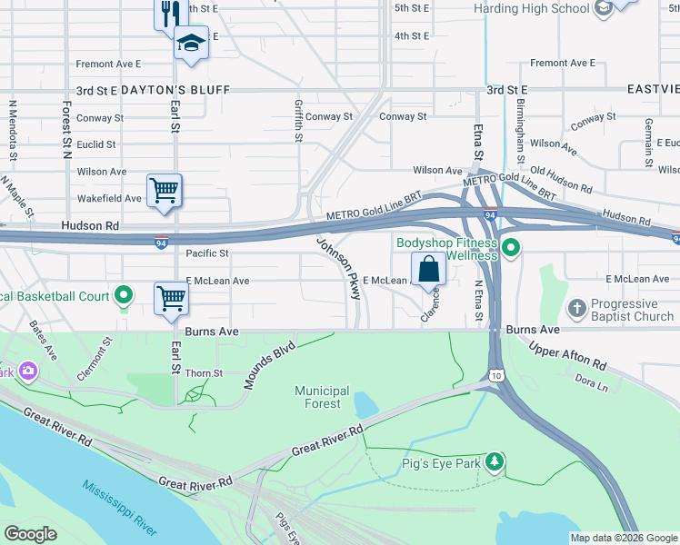 map of restaurants, bars, coffee shops, grocery stores, and more near 303 Pacific Street in Saint Paul