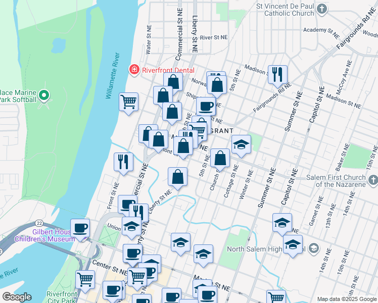 map of restaurants, bars, coffee shops, grocery stores, and more near 1127 Broadway Street Northeast in Salem