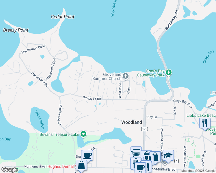 map of restaurants, bars, coffee shops, grocery stores, and more near 17840 Breezy Point Road in Wayzata