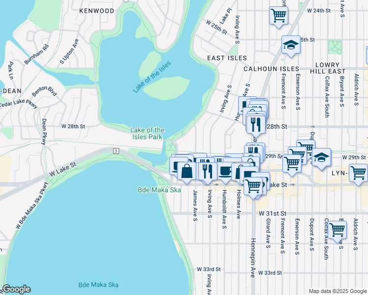 map of restaurants, bars, coffee shops, grocery stores, and more near 2867 Lake of the Isles Parkway East in Minneapolis