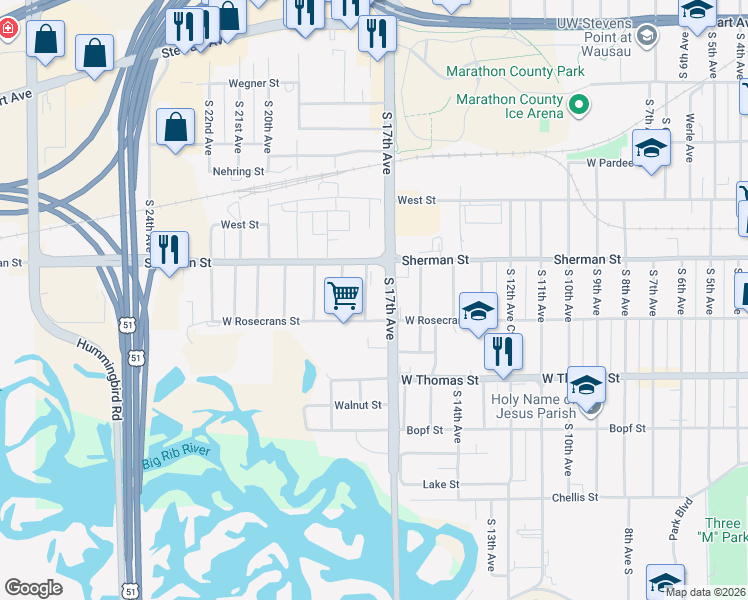 map of restaurants, bars, coffee shops, grocery stores, and more near 925 South 18th Avenue in Wausau