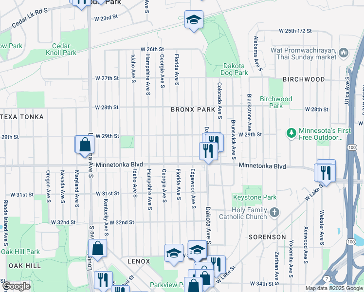 map of restaurants, bars, coffee shops, grocery stores, and more near 2929 Florida Avenue South in Minneapolis