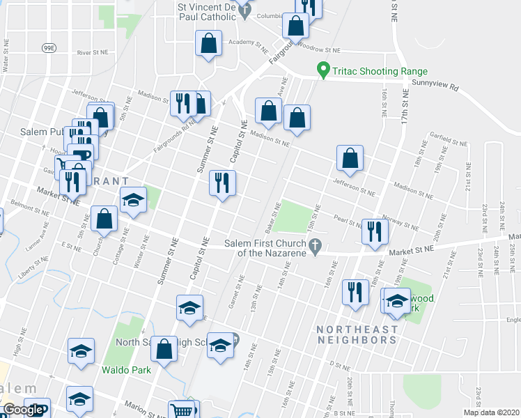 map of restaurants, bars, coffee shops, grocery stores, and more near 1190-1194 Shipping Street Northeast in Salem