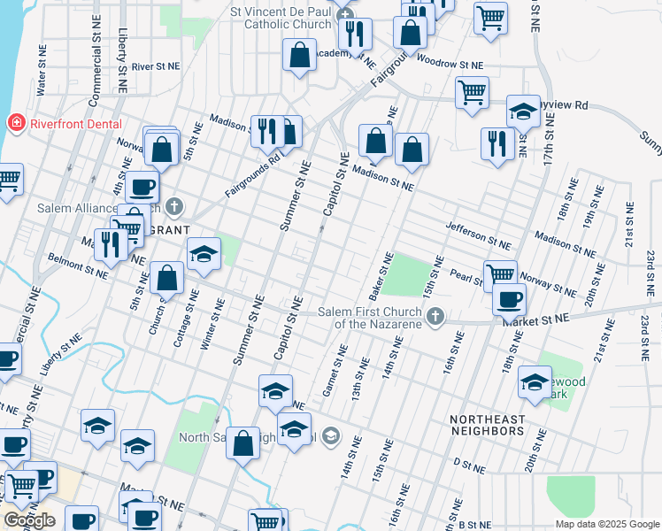 map of restaurants, bars, coffee shops, grocery stores, and more near 1410 McCoy Avenue Northeast in Salem