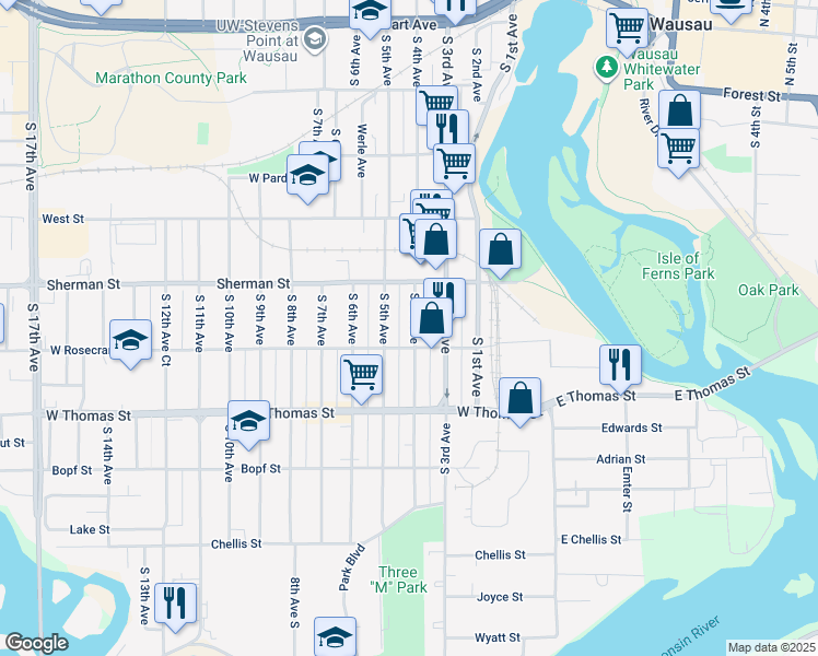 map of restaurants, bars, coffee shops, grocery stores, and more near 933 South 5th Avenue in Wausau