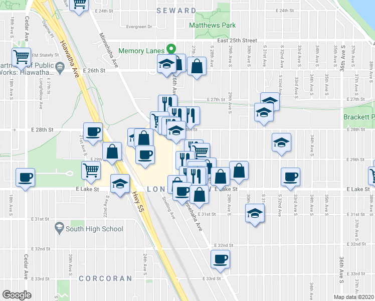 map of restaurants, bars, coffee shops, grocery stores, and more near 2616 East 29th Street in Minneapolis