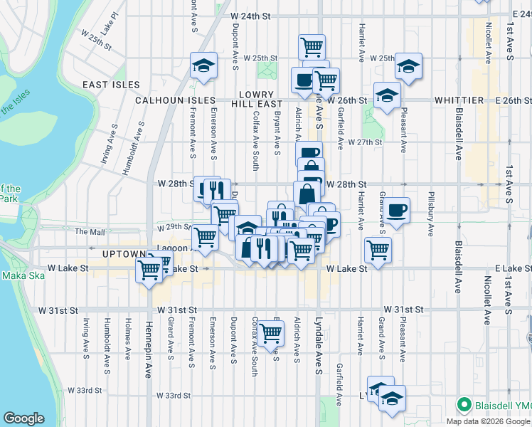 map of restaurants, bars, coffee shops, grocery stores, and more near 2890 Bryant Avenue South in Minneapolis