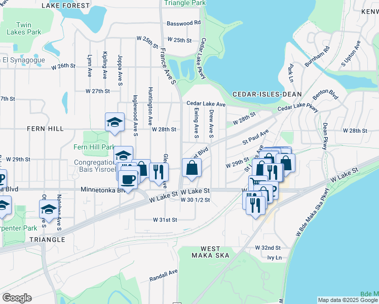map of restaurants, bars, coffee shops, grocery stores, and more near 2840 Sunset Boulevard in Minneapolis