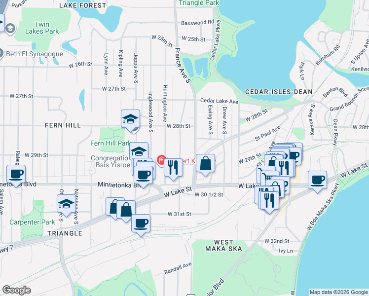 map of restaurants, bars, coffee shops, grocery stores, and more near 2845 Glenhurst Avenue in Minneapolis