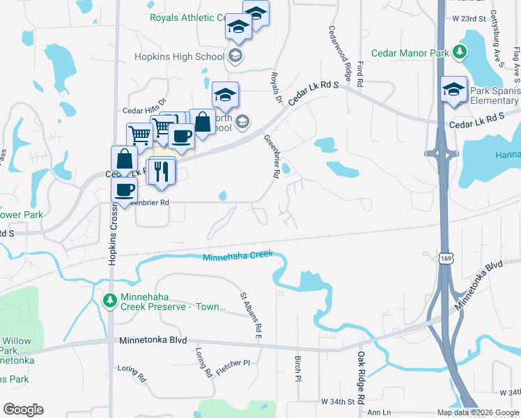 map of restaurants, bars, coffee shops, grocery stores, and more near 10451 Greenbrier Road in Minnetonka