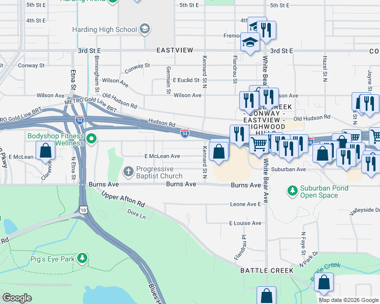 map of restaurants, bars, coffee shops, grocery stores, and more near 1631 East McLean Avenue in Saint Paul