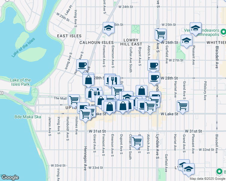 map of restaurants, bars, coffee shops, grocery stores, and more near 2837 Emerson Avenue South in Minneapolis