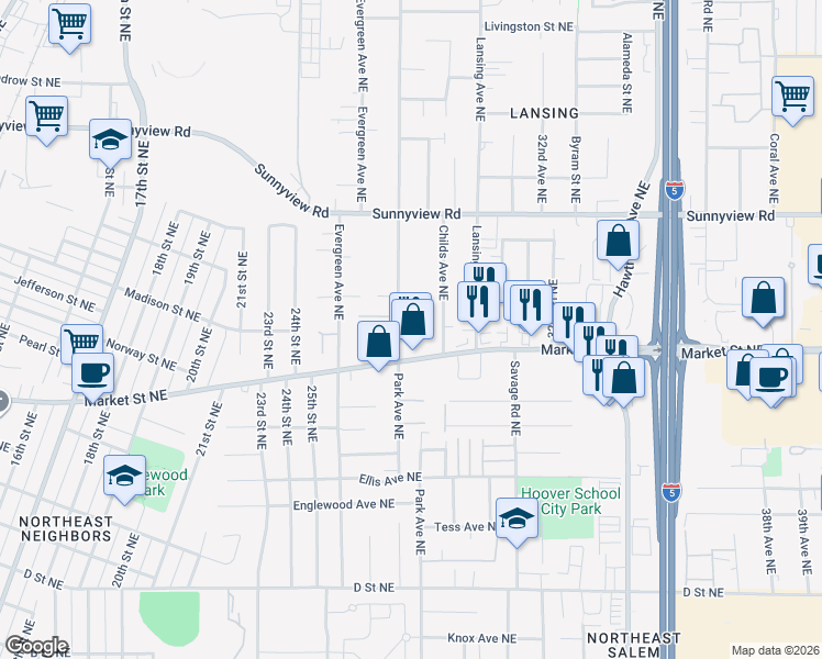 map of restaurants, bars, coffee shops, grocery stores, and more near 1728 Park Avenue Northeast in Salem