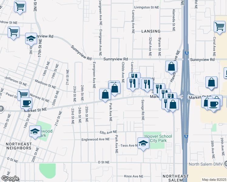 map of restaurants, bars, coffee shops, grocery stores, and more near 1744 Park Avenue Northeast in Salem