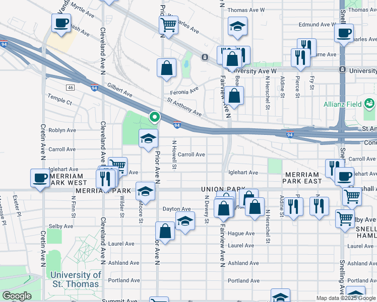 map of restaurants, bars, coffee shops, grocery stores, and more near 1885 Carroll Avenue in Saint Paul