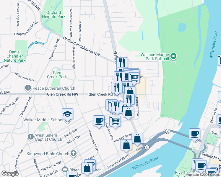 map of restaurants, bars, coffee shops, grocery stores, and more near 673 Glen Creek Road Northwest in Salem